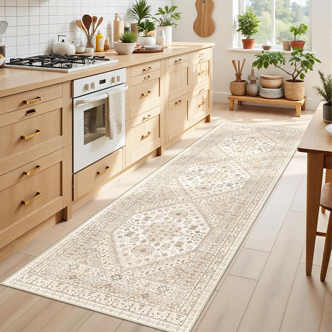 Kitchen Runner Rug Non Slip Washable Rugs 2.5x8, Cream/Beige | Soft Low Pile by Restydon