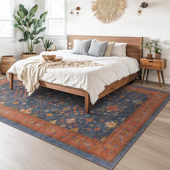 Navy Blue Large Area Rugs 8x12 Living Room, Geometric Floral Rugs - Image 3