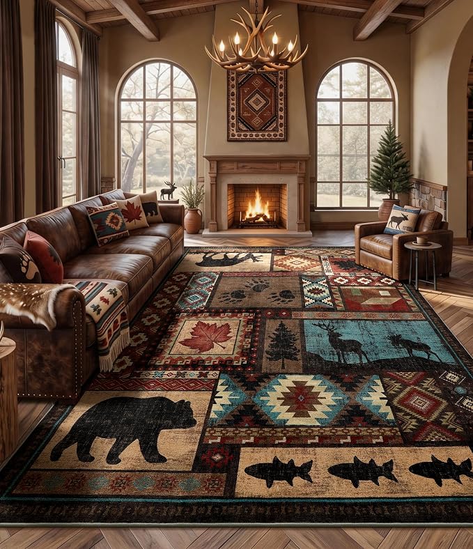 Rustic Cabin Rugs for Living Room 9x12, Wildlife Bear & Deer Area Rug, Washable - Image 3