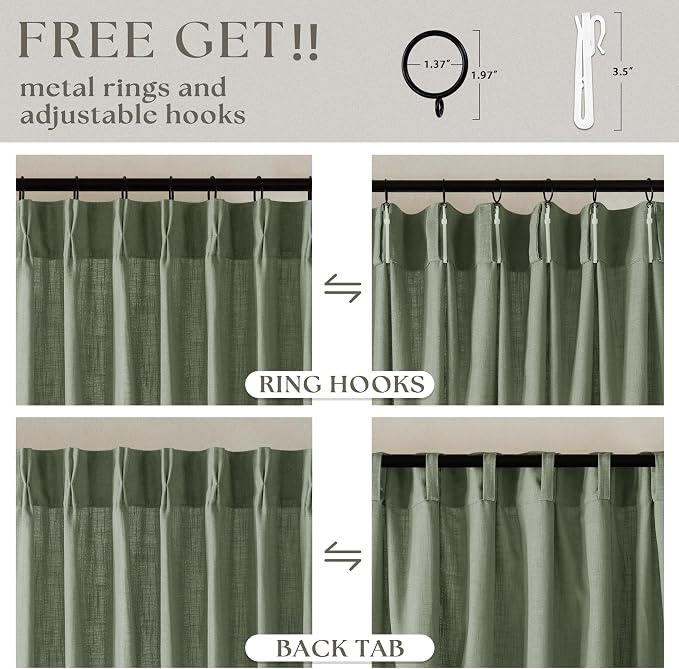Pinch Pleated Sage Green Thick Linen Curtains 96 Inch Length 2 Panels Set | - Image 5