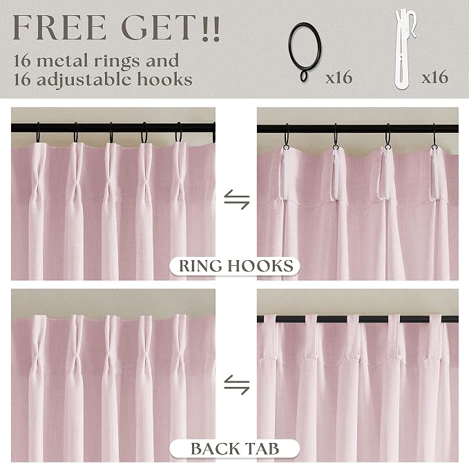 80 Inch Light Pink Pinch Pleated Semi Sheer Curtains 40x80 2 Panels Set | - Image 5