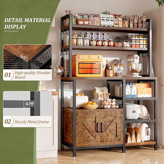 EnHomee Bakers Rack, 6 Tier Microwave Stand, Coffee Bar Organizer with 8 L-Shaped Hooks, Kitchen Shelves with Large Capacity Storage, 14.1 x 30.1 x 63.1 Inches, Rustic Brown