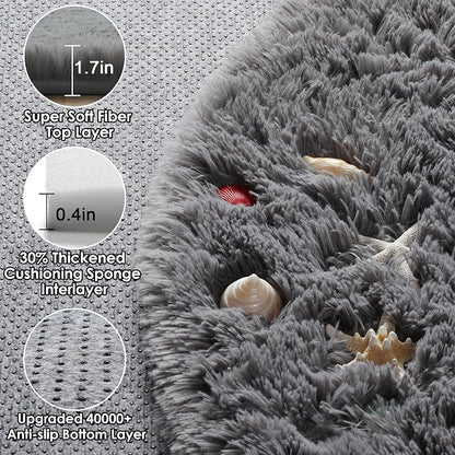 Grey Round Area Rugs 5ft, Fluffy Plush Shaggy Carpet - Image 2