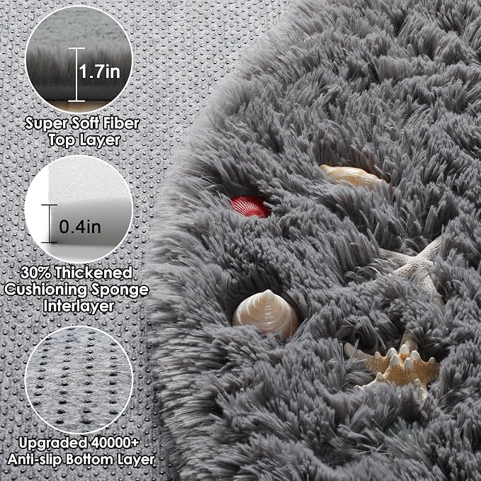 Grey Round Area Rugs 6ft, Fluffy Gray Soft Bedroom Circle Rug - Image 2