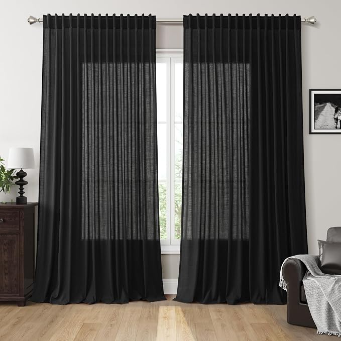 Black Large Window Curtains Light Filtering Semi Sheer Privacy Linen Textured by Nanspring