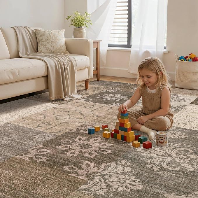 UERMEI 6x9 Area Rug for Living Room, Washable Brown Modern Geometric Patchwork - Image 7