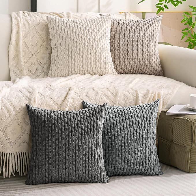 Set of 4 Grey White Taupe Decorative Throw Pillow Covers 22x22 Inch Corduroy - Image 9