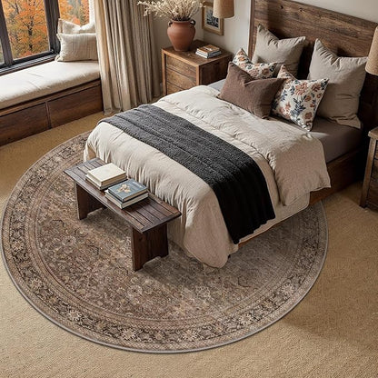 Schweek 8ft Round Rug Vintage Brown Neutral Washable Non-Slip Circle Rugs | - Image 8