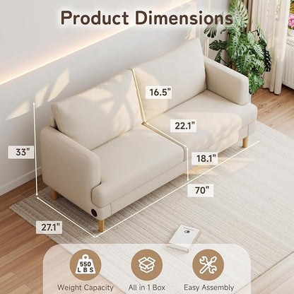 70" Modern Loveseat Sofa with USB Type-C Ports, Linen Fabric 2-Seater Deep Seat - Image 2