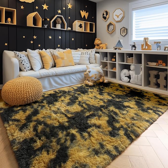 Amdrebio Black Gold Grey Fluffy Area Rug 5x7 - Image 5