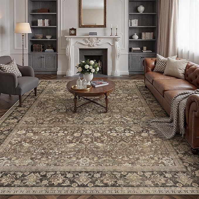 7x9 Brown Vintage Floral Washable Area Rug - Image 3