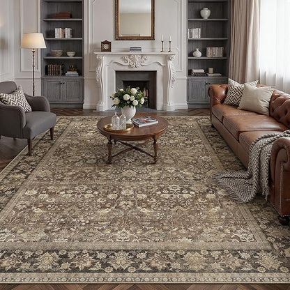 7x9 Brown Vintage Floral Washable Area Rug - Image 3