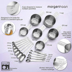 Heavy-Duty 304 Stainless Steel Measuring Cup Set (18-Piece) - Stackable, Dual Metric/US, Long & Narrow Spoons for Spice Jars + 5 Mini Spoons