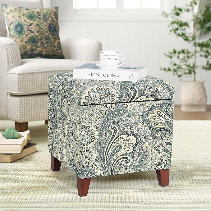 Adeco 18" Cube Storage Ottoman in Blue Paisley, Upholstered Linen Foot Stool & by Adeco