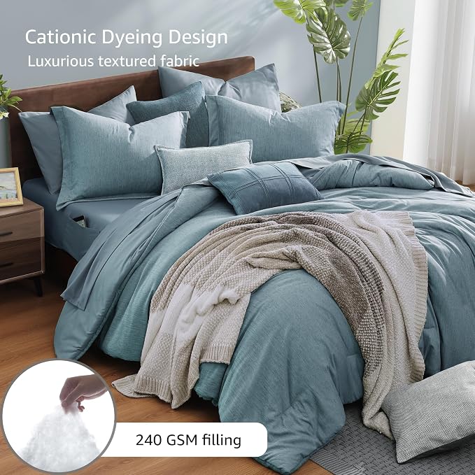 Monbix King Size Comforter Set, 7 Pieces Dusty Blue Cationic Dyeing Bed in a - Image 3