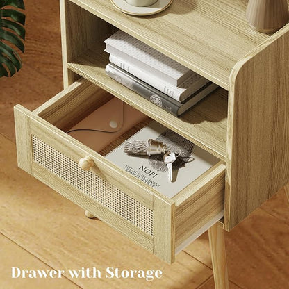 SUPERJARE Nightstand with Charging Station & Rattan-Like Decor Drawer, Rattan - Image 5
