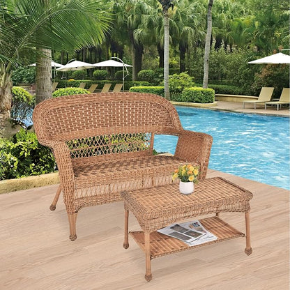 Jeco Wicker Patio Love Seat and Coffee Table Set in Honey Without Cushion - Image 2