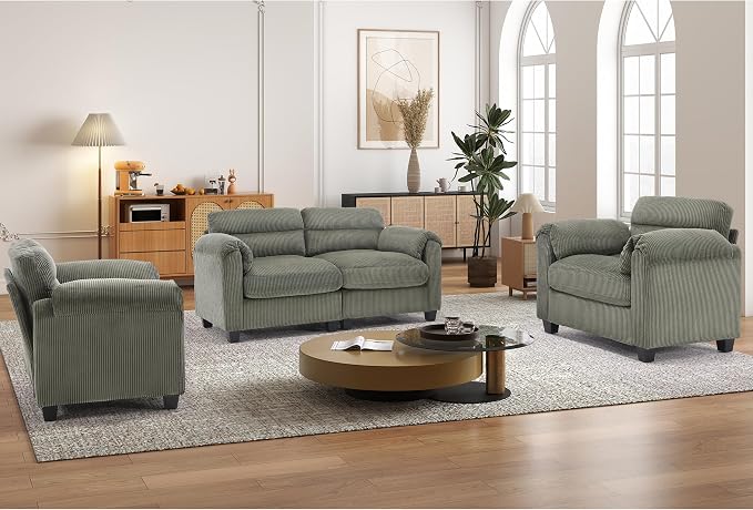 HAOMARKETS Corduroy Sofa Set, Upholstered Armchair Set of 2 and Loveseat by HAOMARKETS