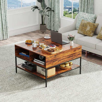 Farmhouse Coffee Table with Hidden Storage 32 in, Square Wood Living Room by Noeko