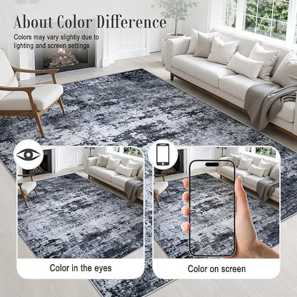 Area Rug Living Room: 8x8 Modern Washable Indoor Carpet Black | - Image 6