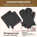 Native Fab Pot Holders and Oven Mitts Sets for Kitchen Heat Resistant - Hanging Non-Slip - 100% Cotton Kitchen Oven Mitts and Pot Holders 4-Piece Set - Black