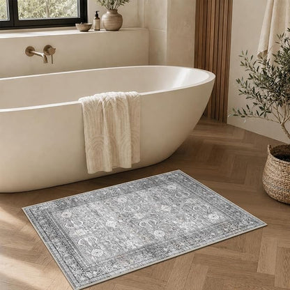 Schweek 2x3 Entryway Rug Non-Slip Washable Vintage Area Rugs Grey Door Mat | - Image 3