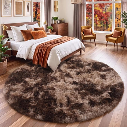 Amdrebio Brown Tan Fluffy Shag Round Circle Area Rug 4Ft - Image 3