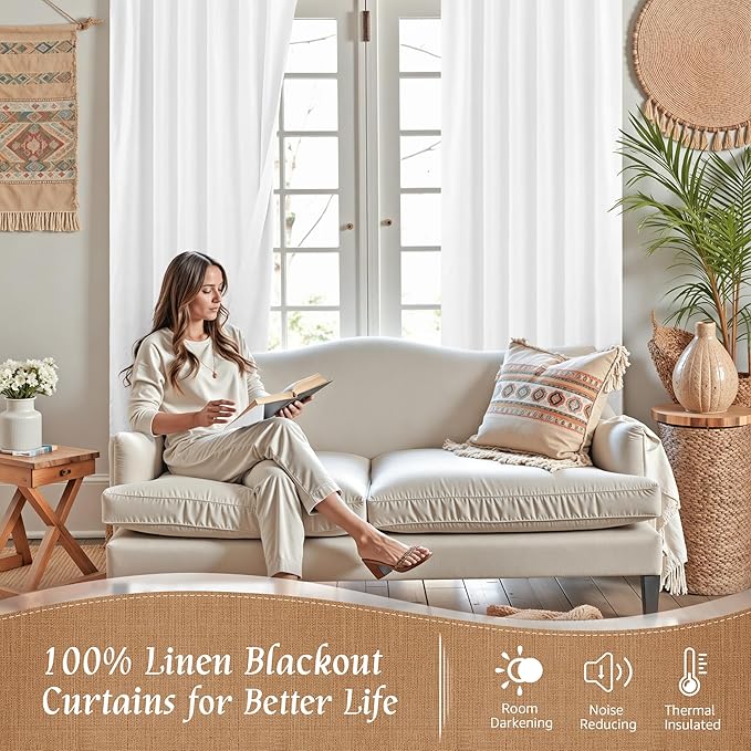 White 100% Blackout Linen Bedroom Curtains 63 Inches 2 Panels | Linen Textured - Image 3