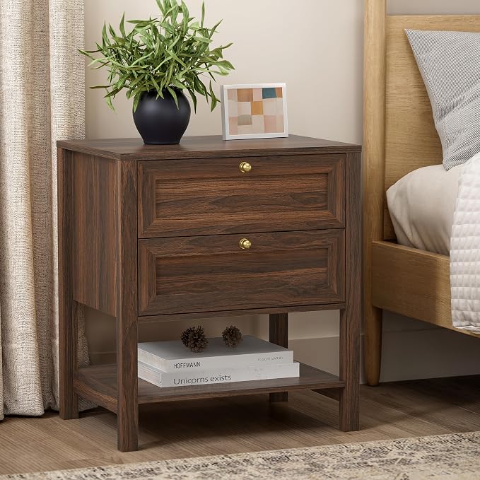 EYYTHUNG Brown Nightstand with 2 Drawers, Farmhouse Floor Night Stand with Open by EYYTHUNG