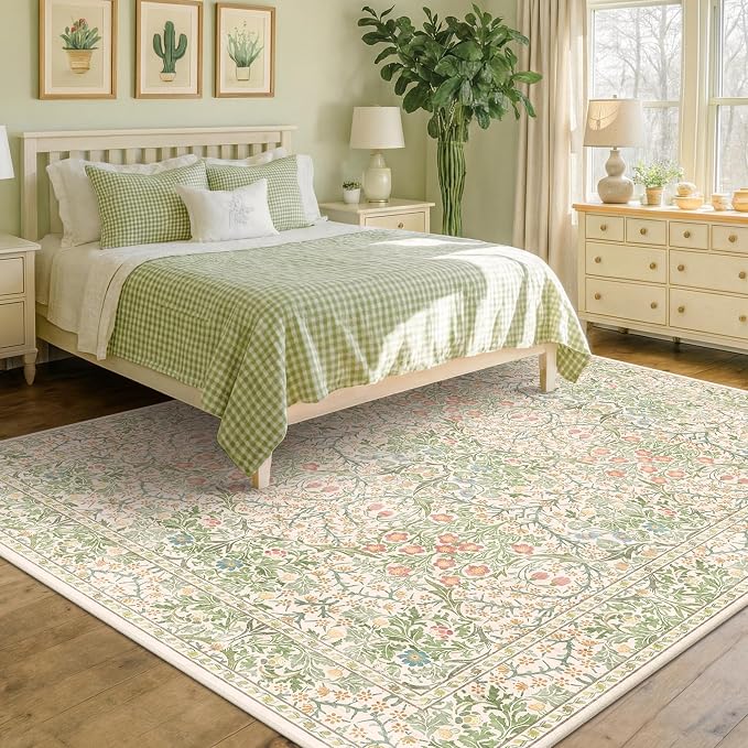 Washable Light Green Rug for Bedroom by HazoHaus