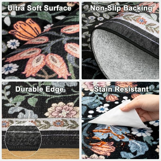 PLHXFR Area Rug Living Room: 4x6 Floral Washable Boho Carpet Dark Black | - Image 7