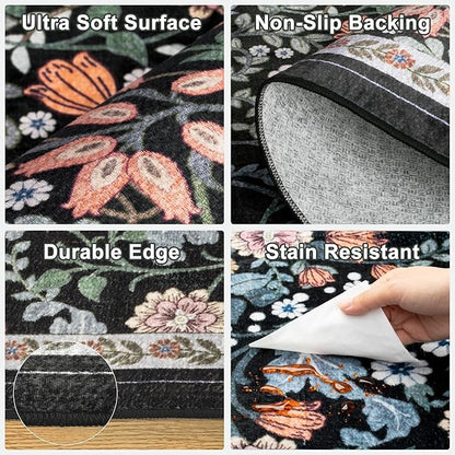 PLHXFR 2x5 Washable Runner Rug：Floral Indoor Kitchen Carpet Dark Black | - Image 8