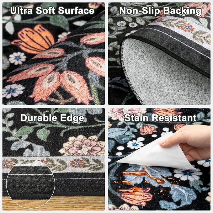 PLHXFR 2.6x14 Washable Runner Rug：Floral Indoor Kitchen Carpet Dark Black | - Image 7