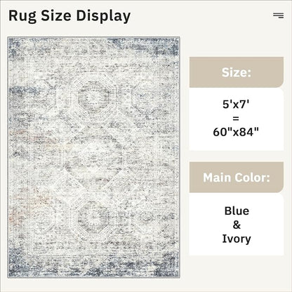 Soalmost 5x7 Area Rugs Blue/Ivory Low Pile Washable Trendy Faded Style Rug | - Image 5