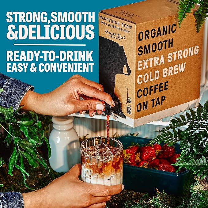 Wandering Bear Organic Vanilla Cold Brew Coffee On Tap, 96 fl oz - Extra Strong, Bold, Smooth, Unsweetened, Shelf-Stable, Ready to Drink, Gluten Free, & Vegan, Iced Cold Brewed Coffee Drinks