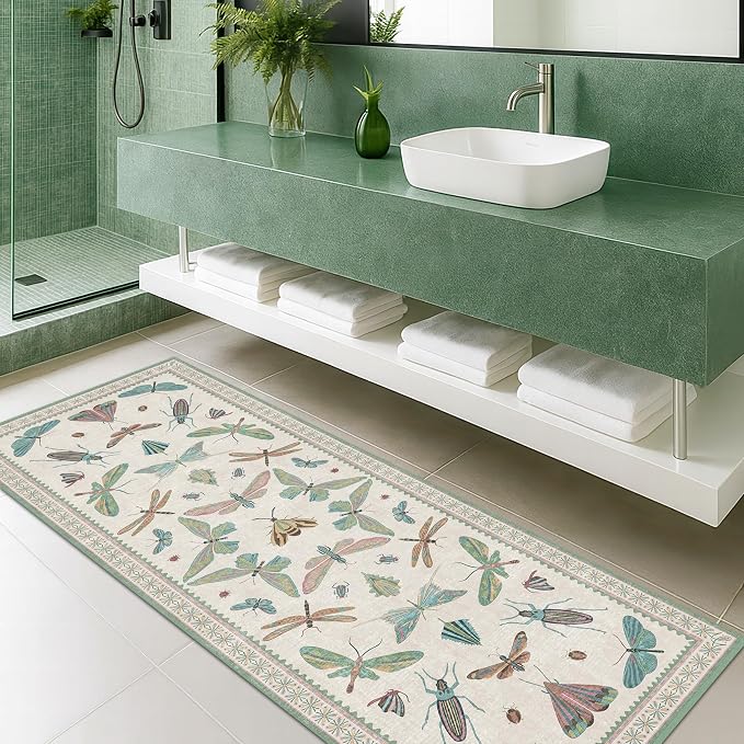 Washable Non Slip Bathroom Runner Rug 2x5, Insect Boho Bath Mat, Stain - Image 3