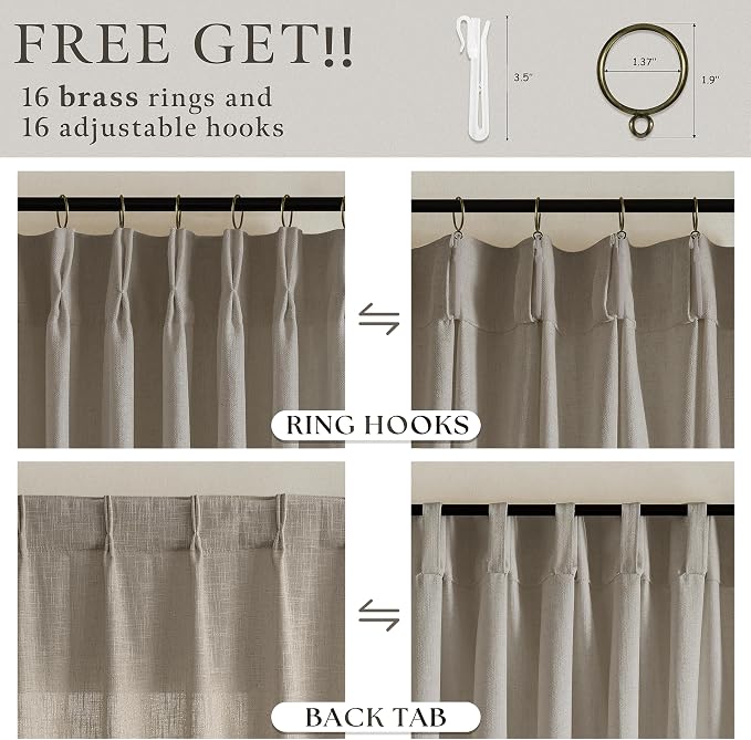 Taupe Pleated Linen Light Filtering Curtains 102 Inches Long 50 Inch Wide | - Image 4