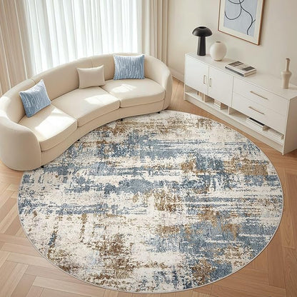 LOONGRUG Round Rug 8x8 Washable Large Neutral Modern Circle Rugs Blue Tan | by LOONGRUG