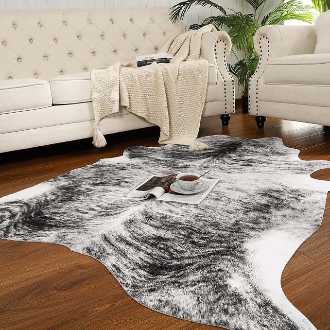 Western Faux Cowhide Rug, Animal Cow Hide Rug, 4.6 x 5.2 Ft Black | Premium - Image 2