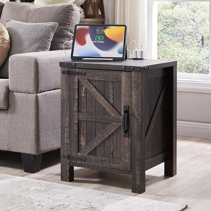 OKD Nightstand with Charging Station, 18 Inch Farmhouse End Table with Barn by OKD