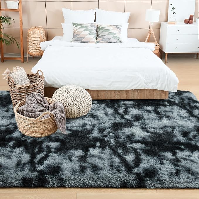 3x5 Tie-Dyed Black and Grey Fluffy Area Rug Non-Slip - Image 3