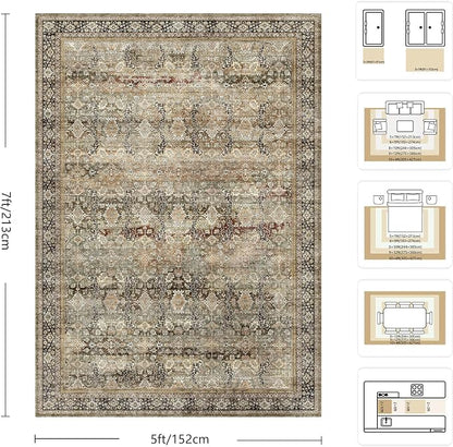 5x7 Area Rugs - Washable Vintage Retro Living Room Rug, Soft Ultra Thin Non - Image 2