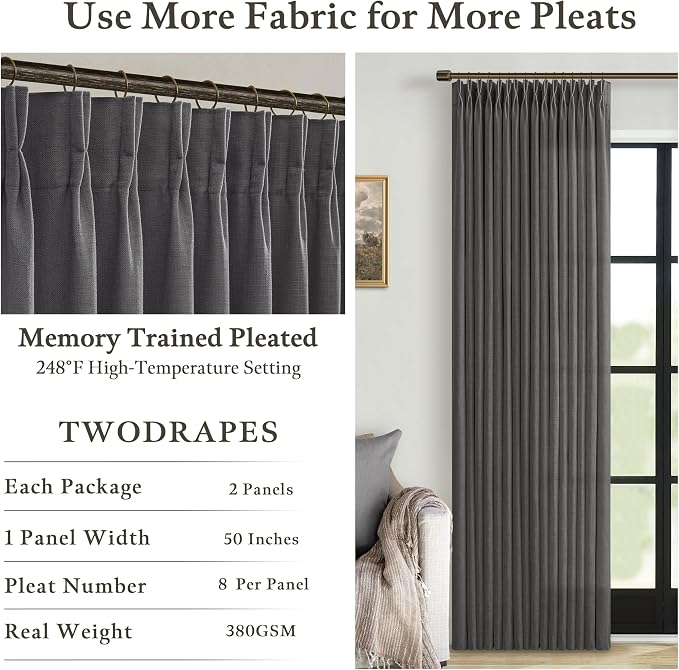 Dark Grey Pinch Pleat Linen Light Filtering Privacy Curtains 108 Inch Long | - Image 4