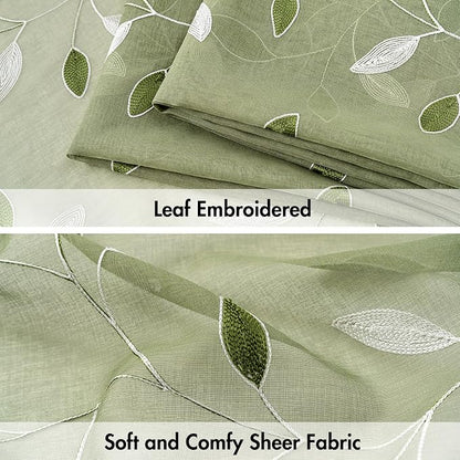 MIULEE Sage Green Sheer 30x36 Inches 2 Panels Embroidered Leaf Patterned | - Image 4