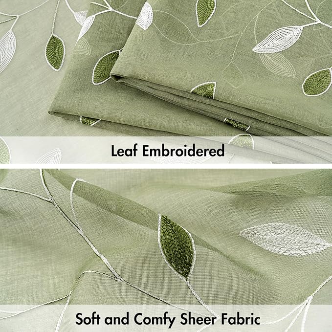 MIULEE Sage Green Sheer Curtains 2 Panels Leaf Patterned, W52 x L54 | - Image 4