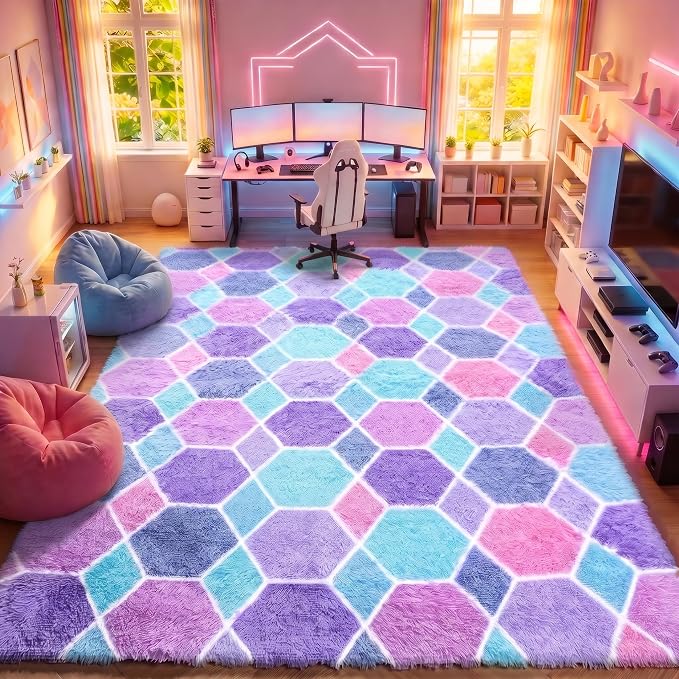 Checkered 8x10 Area Rugs for Living Room, Fluffy Purple Rainbow Girls Rug | - Image 3