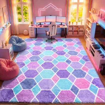 Checkered Purple Rainbow Area Rugs, Fluffy 5x8 Geometric Rug Girls Bedroom | - Image 3