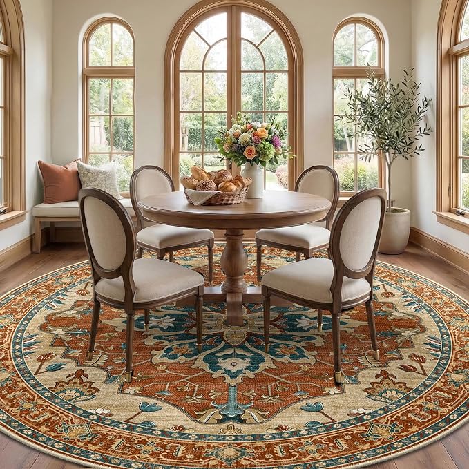 RELEANY Washable Area Rug, Round 8ft, Water Repellent, Pet Friendly, Vintage - Image 3