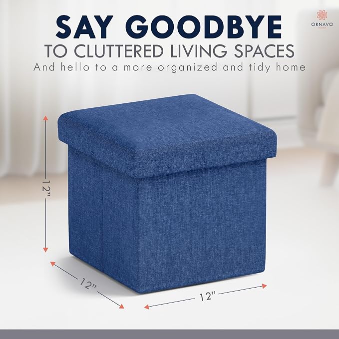 Ornavo Home Small Storage Ottoman Foldable Collapsible Cube Square Linen - Image 2