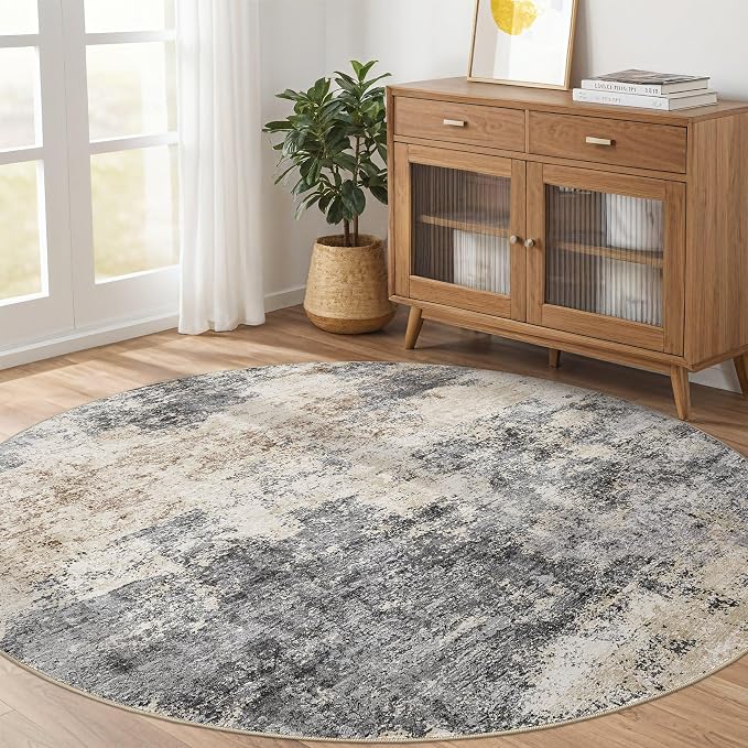 LOONGRUG Round Rug 5x5 Washable Neutral Modern Circle Area Rugs Grey Brown | - Image 6